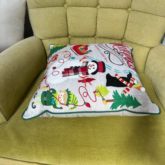 Pier 1 Imports Christmas Lights North Pole Snowman Elf Penguin Pillow 17" x 17" - Picture 9 of 11